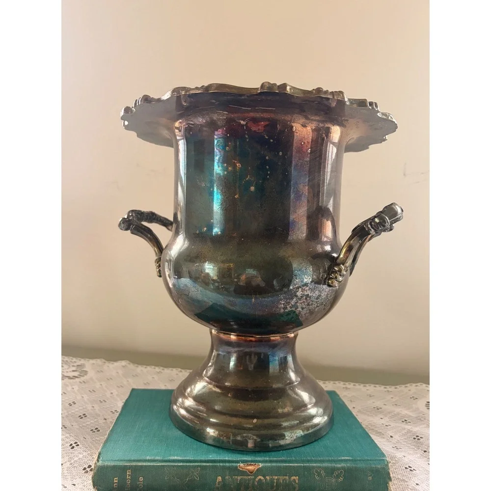 Vintage Oneida Silver Plate Champagne Bucket Wine Chiller Ornate Handles Patina